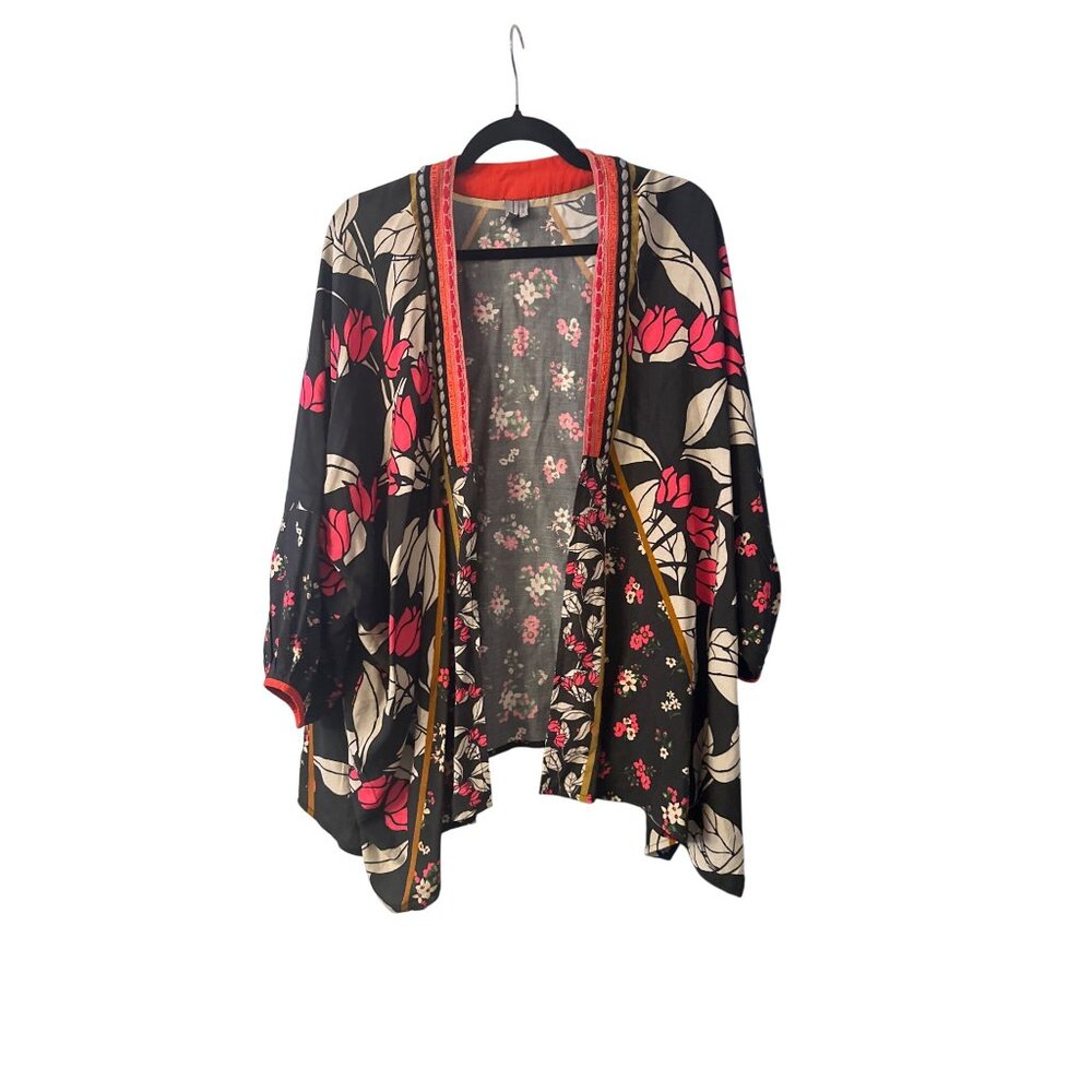 Blank London Womens Floral Open-Front Kimono Cardigan Embroidered Trim One Size